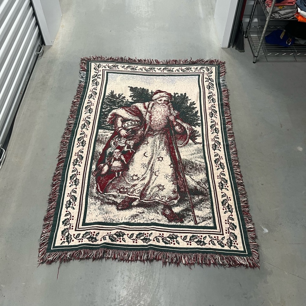 Vintage Old St Nick Woven Tapestry Throw Blanket Christmas, Fringe 1990s